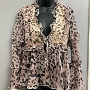 Olia Brown and Black Ruffled Tie Front babydoll fairy Blouse size XS